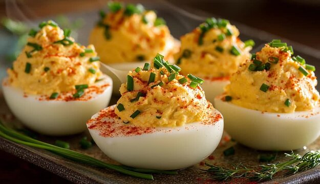 Deviled Eggs Appetizer: Delicious Stuffed Eggs Garnished with Chives and Paprika, Perfect for Parties and Holiday Gatherings
