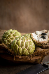 Apple custard on old wood, vintage still life style image.