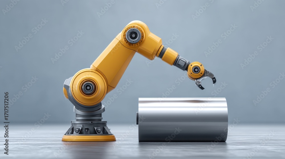 Poster modern robotic arm with yellow and gray design interacting with a metallic cylinder in a futuristic 