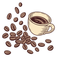 A vintage style illustration of a cup of coffee with scattered roasted coffee beans on a white background