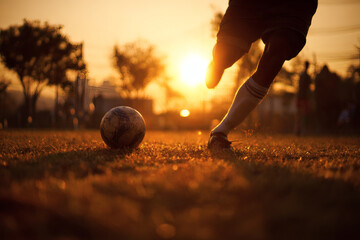 Soccer Player Mid-Kick on Grassy Field with Backlit Action