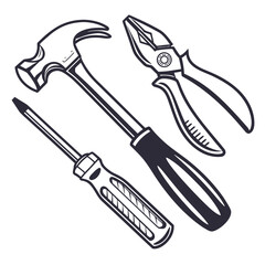 Classic hand tools including a claw hammer pliers and screwdriver isolated on white background