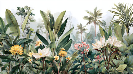 Obraz premium Watercolor Botanical Illustration of Lush Jungle Flowers and Greenery