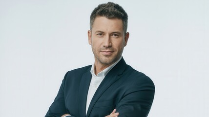 Confident professional businessman wearing a dark suit and white shirt with arms crossed looking directly at the camera