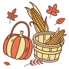 Whimsical autumn harvest illustration featuring a pumpkin basket corn in a wooden crate and falling leaves