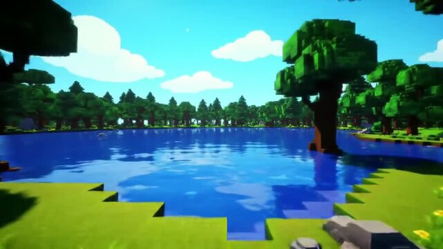 Voxel landscape serene lake and blocky trees
