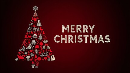 Merry Christmas and Happy New Year greeting card, poster, holiday cover. Xmas Design in modern art style on red background. Christmas tree, border frame, decor.