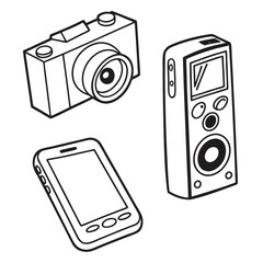 Simple line art illustration of a digital camera smartphone and portable music player on a white background