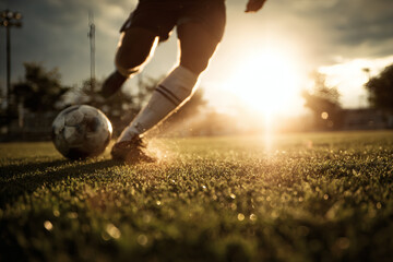 Soccer Player Mid-Kick on Grassy Field with Backlit Action