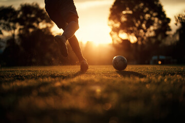 Soccer Player Mid-Kick on Grassy Field with Backlit Action