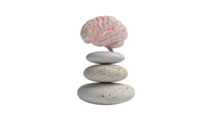 A glowing human brain balanced on stacked zen stones isolated on solid white background in Png