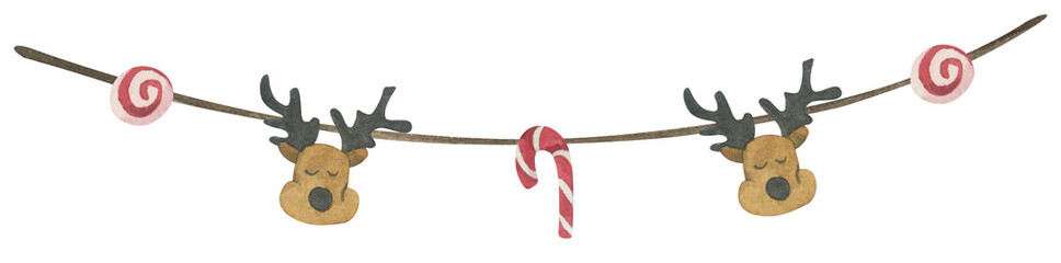 Watercolor Christmas garland ornament border decoration bunting holiday party festive merry xmas greeting card.
