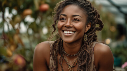 Smiling African American woman with dreadlocks and vintage jewelry natural portrait close-up