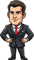Cartoon businessman in black suit with red tie, confident pose, clean vector illustration for leadership, professionalism, and corporate themes