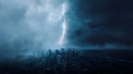 Fototapeta premium Dramatic lightning bolt strikes a dense city skyline under a dark stormy sky