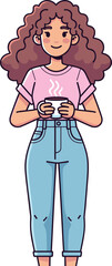 Relaxed cartoon character with curly hair holding hot drink, wearing pink shirt and jeans, cozy lifestyle vector illustration for casual themes