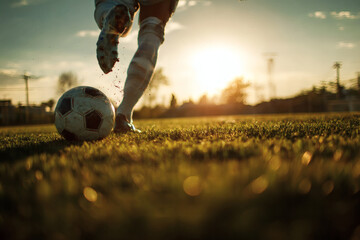 Soccer Player Mid-Kick on Grassy Field with Backlit Action