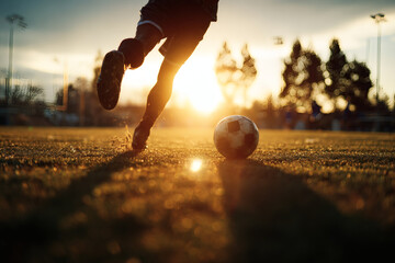 Soccer Player Mid-Kick on Grassy Field with Backlit Action