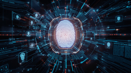 Digital biometric, security and identify by fingerprint concept. Scanning system of the fingerprint. 3d rendering