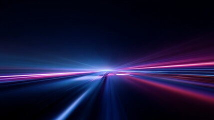 Dynamic abstract dark background with blue and purple light trails, symbolizing high speed data transfer and modern technology