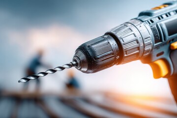 Close-up shot of a professional power drill with bit, ready for work.