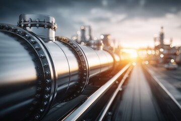 Gleaming industrial pipelines capturing vibrant sunset, symbolizing modern energy.