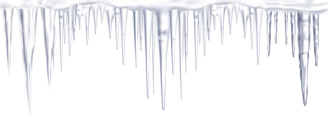 line of icy transparent icicles on a transparent background.Close-up, long