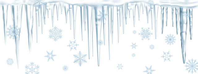 line of icy blue transparent icicles with snowflakes on a transparent background.Close-up, long