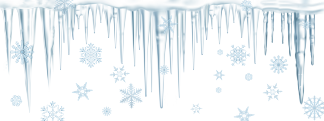 line of icy blue transparent icicles with snowflakes on a transparent background.Close-up, long