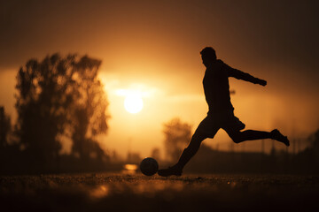 Soccer Player Mid-Kick on Grassy Field with Backlit Action