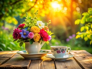 Serene Tea Ceremony: Floral Still Life with Delicate Teacup and Blossoms