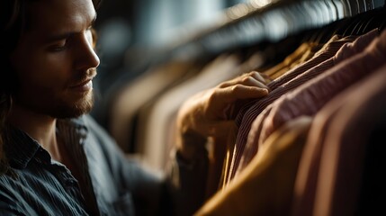 Man thoughtfully examining garments on a clothing rack bathed in soft atmospheric light