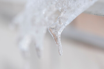 wallpaper winter picture, macro close-up of icicles, frozen water, ice, drawing on an icicle
