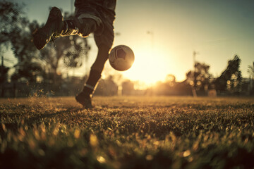 Soccer Player Mid-Kick on Grassy Field with Backlit Action
