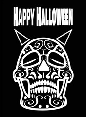 Happy Halloween Devil Skull Black and White illustration. Vector