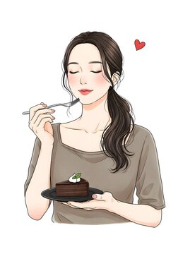 チョコレートケーキを食へる女性のイラスト素材