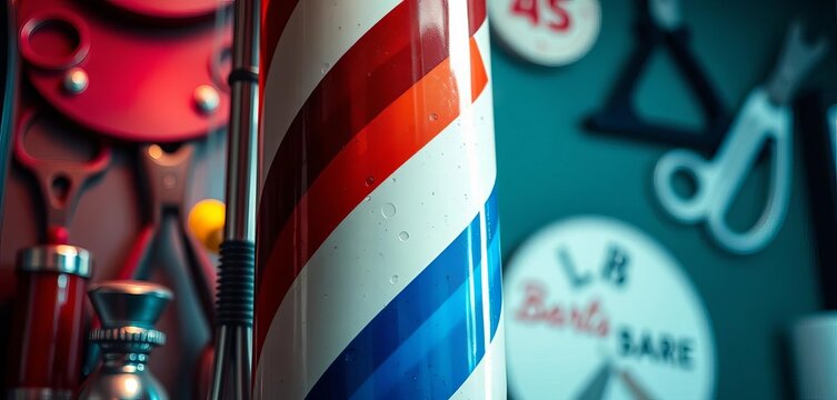 Close-up of barber pole with surrounding barber tools,  barbershop,  vintage