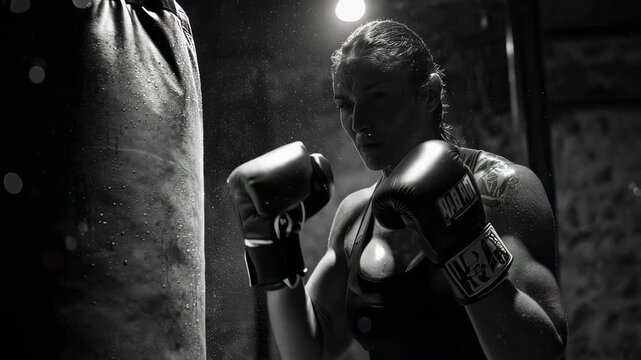 Black and white slow-motion video of a powerful woman boxer hitting a punching bag.