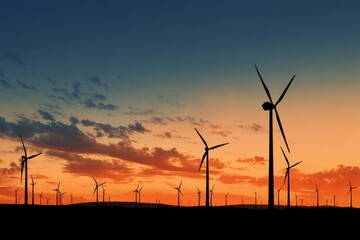 Obraz premium Silhouette of wind turbines against sunset sky in yellow and orange tones, sustainable energy concept with professional color grading.