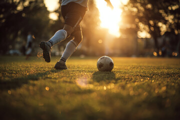 Soccer Player Mid-Kick on Grassy Field with Backlit Action