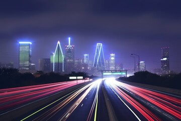 Fototapeta premium Dallas highway at night with long exposure light trails, city skyline illuminated in background, urban traffic and transportation concept.