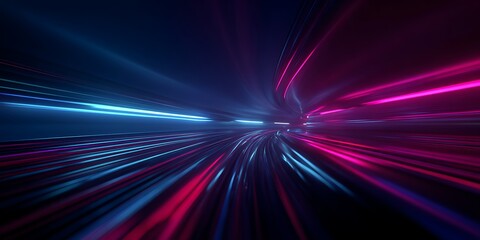 Abstract hyper speed neon lights streaks in space, futuristic background with blue and magenta glowing lines, technology concept