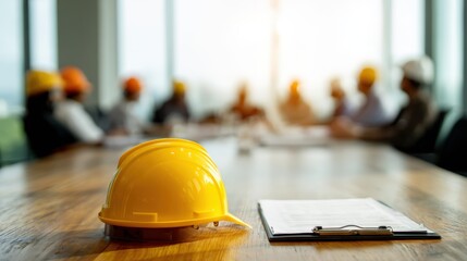 A yellow hard hat is placed on a conference table in a meeting room, with blurred figures of workers wearing helmets in the background.