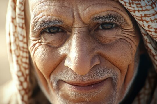 Smiling elderly Middle Eastern man in keffiyeh