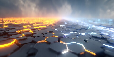 Fototapeta premium Futuristic hexagon surface with contrasting orange and blue glowing lines, creating a dynamic and visually striking abstract design