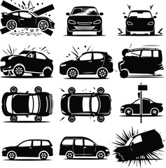 Obraz premium Car Crash Icon Silhouette Set Vehicle Accident Silhouette Icon Collection
