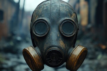 Gas mask in focus with blurred destroyed urban background suggesting danger.