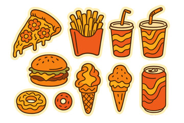Groovy retro junk food sticker set. Hippie 70s style fast food icons. Vintage collection with pizza, burger, fries, soda and ice cream. Cute yummy vector illustration.