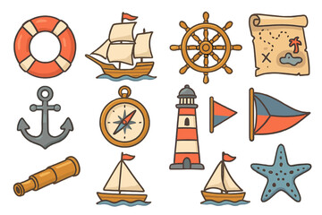 Nautical sea icons set. Cartoon marine collection with ship, anchor, compass, and lighthouse. Ocean adventure and pirate treasure map elements. Sailing and travel vector symbols.