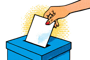 Female hand putting ballot paper in ballot box. Pop art retro halftone vector. Y2K trendy illustration for democracy, freedom of speech, justice, and voting poster concept.